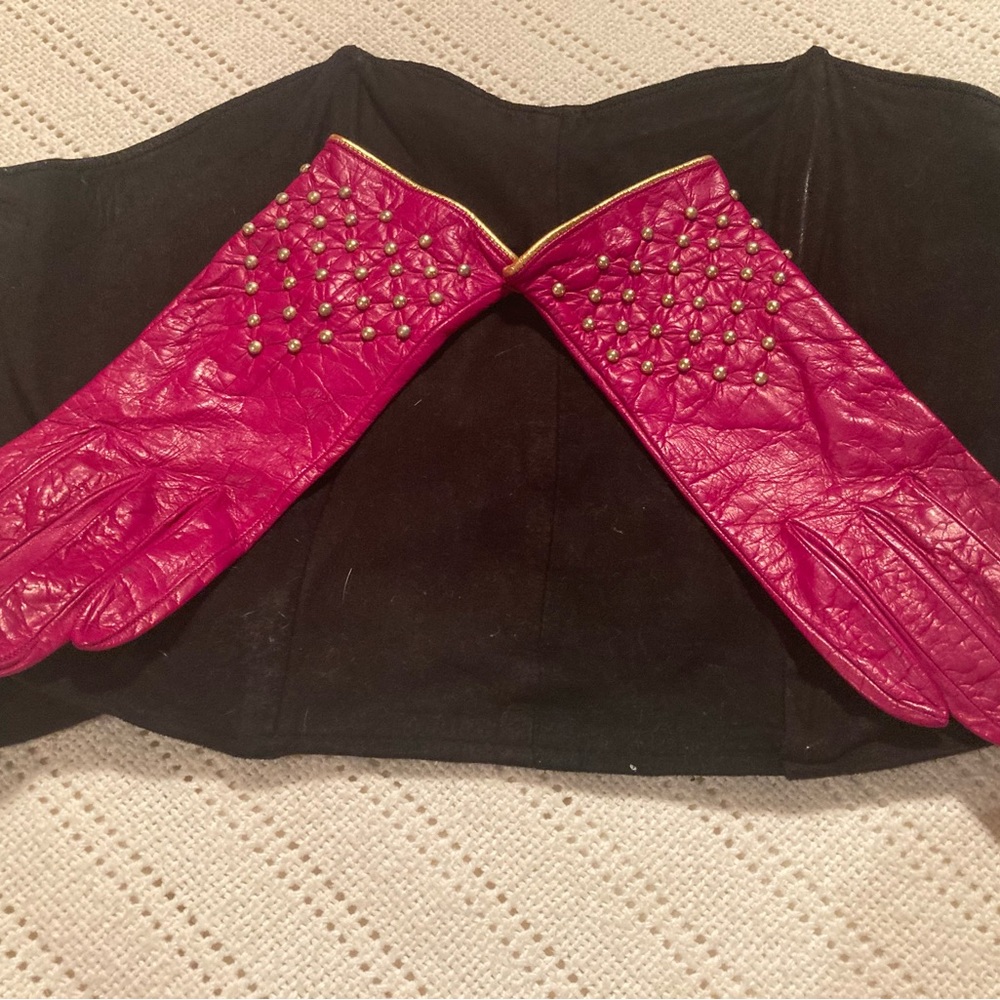 Vintage Yves Saint Laurent red leather gloves with gold studs never worn